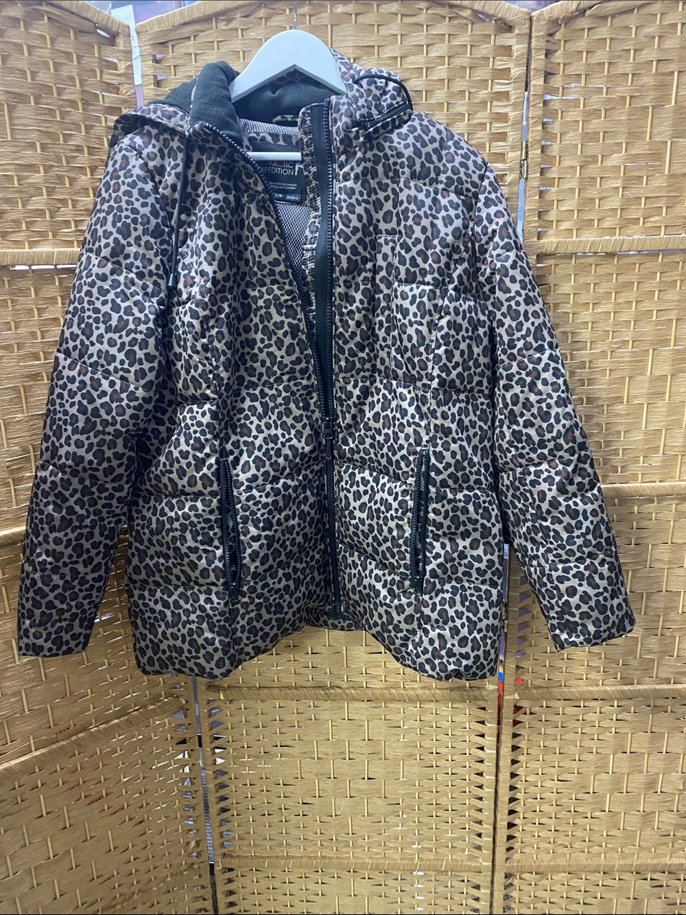 Leopard Print Puffer Jacket with Hood - Women